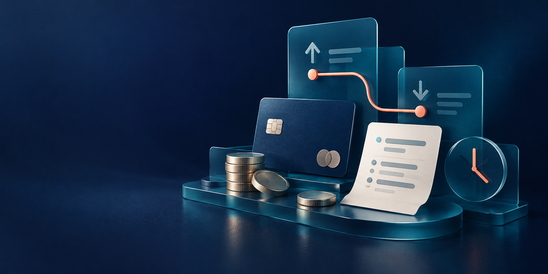 Abstract cashier route with payment card, documents and waiting clock